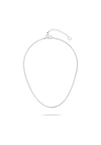 Silbernes Metall-Halsband mit einem glatten, flexiblen Design, ausgestattet mit einem Karabinerverschluss und einer verstellbaren Kette zur Längenanpassung.