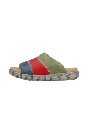 Sandale slip-on avec tige en cuir multicolore vert, rouge et bleu, semelle intérieure beige rembourrée et semelle extérieure grise à motifs.