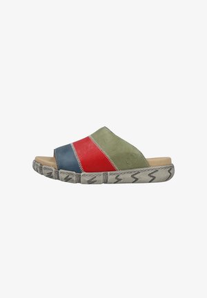 Instapsandaal met meerkleurige leren bovenkant in groen, rood en blauw, gevoerd met een beige voetbed en een grijze zool met patroon.