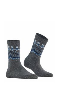 Calzini grigi con un design pattern nelle tonalità di blu. Maglia texturizzata con un orlo a coste e accenti geometrici nella parte superiore.