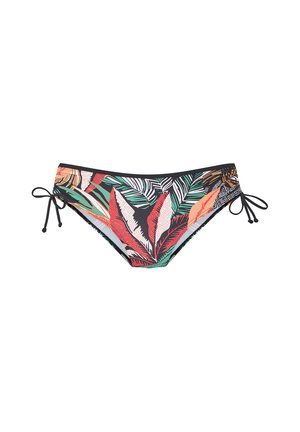 Bikinislip mit niedrigem Bund und tropischem Blattmuster in Rot, Grün, Schwarz und Orange, mit verstellbaren Seitenschnüren auf weißem Hintergrund.