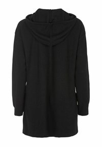 Schwarzer Kapuzenpullover aus strukturiertem Stoff. Mit langen Ärmeln, einem Reißverschluss auf der Rückseite und einem lockeren Schnitt.