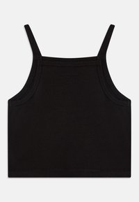 Top cropped noir à fines bretelles, avec une texture lisse et des coutures renforcées le long des bords. Design simple et couleur unie.