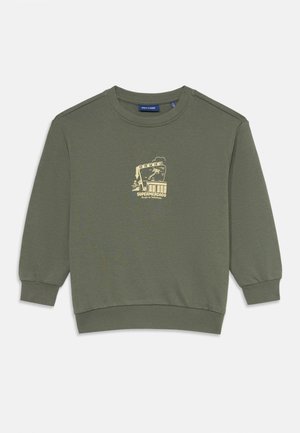 Grüne Sweatshirt mit langen Ärmeln, Rundhalsausschnitt und gerippten Bündchen. Mit einem gelben grafischen Aufdruck von „SUPER MERCADO“ auf der Vorderseite.