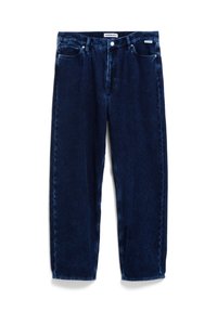 Donkerblauwe corduroy jeans met een rechtlopende pasvorm, vijf zakken en een gestructureerd ribbeloppervlak. Voorzien van een rits en knoopsluiting.