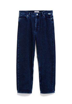 Dark blue corduroy jeans with a straight-leg design, five-pocket styling, and a textured ribbed surface. Features a zipper and button closure.