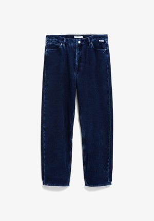 Dunkelblaue Cordjeans mit geradem Schnitt, fünf Taschen und einer strukturierten Ripp-Oberfläche. Mit Reißverschluss und Knopfverschluss.