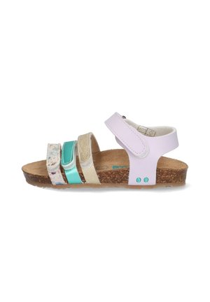 Kindersandalen met lichtpaarse synthetische bandjes, een verscheidenheid aan kleurrijke accenten en een gestructureerde kurken zool voor comfort.