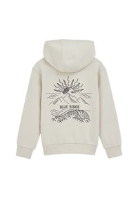 Hoodie in lichtbeige stof met een zwart grafisch ontwerp van bergen, zon en golven, met de tekst "BLUE RIDGE".