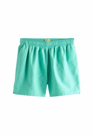 Șort de baie cu talie elastică turcoaz, cu un mic logo roz reprezentând o palmieră pe piciorul drept, în partea de jos.