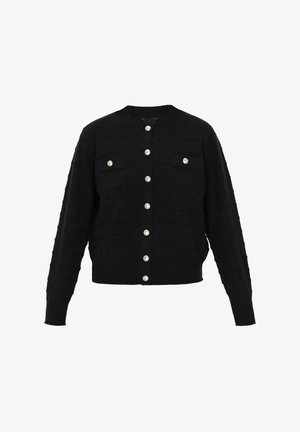 Cárdigan de punto negro con cuello redondo, cierre frontal de botones con botones de aspecto perlado y dos bolsillos en el pecho. Tejido texturizado.