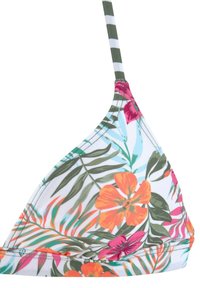 Bloemige bikini-top met een witte achtergrond met kleurrijke tropische bloemen en groene bladeren, gestreepte verstelbare bandjes en een gladde textuur.
