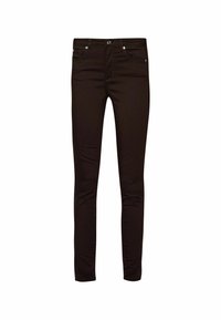 Jean noir coupe slim avec poches avant, fermeture à bouton et passants pour ceinture, présenté sur fond blanc.