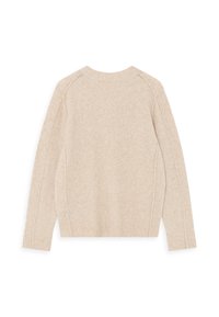 Pull beige avec un tricot texturé, présentant un col rond, des manches longues et un ourlet côtelé. La vue arrière montre des détails de design minimaux.