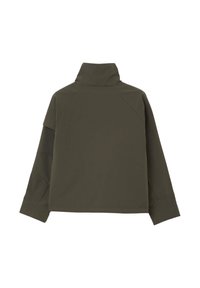 Veste longue à manches longues de couleur vert olive foncé avec un col haut, un ourlet droit et des manches raglan, vue de dos sur un fond blanc.