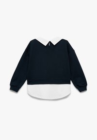 Granatowy sweatshirt z oversize'owym białym kołnierzem, prążkowanymi mankietami i krótkim krojem. Posiada zamek błyskawiczny z tyłu oraz warstwę białego podkoszulka.