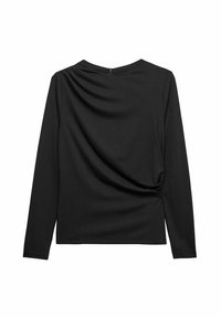 Svart långärmad topp med rund halsringning, med draperad tygdetalj på baksidan och en liten dragkedjeslutning vid nacken.