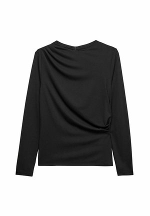 Svart långärmad topp med rund halsringning, med draperad tygdetalj på baksidan och en liten dragkedjeslutning vid nacken.