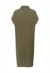 Rochie verde măsline cu guler, mâneci scurte și siluetă dreaptă. Material texturat cu un model subtil, design până la genunchi.