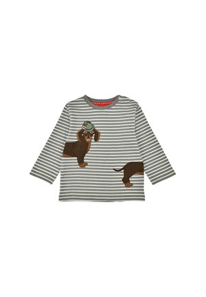Gestreiftes Langarmshirt in Grau mit braunem, besticktem Dackel-Design, der einen Hut trägt. Mit Druckknopfverschluss an der Schulter.