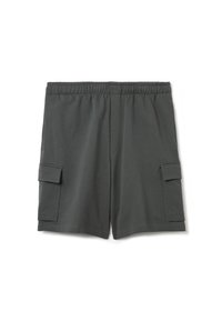 Pantaloni corti grigi da carico con vita elasticizzata, tasche laterali e due tasche applicate sulle gambe. Realizzati in un tessuto morbido e leggero.