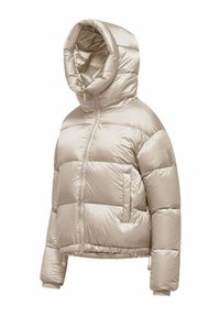 Beige glanzende pufferjack met gewatteerde capuchon, rits aan de voorkant, zijzakken, elastische manchetten en verstelbare trekkoorden in de zoom.