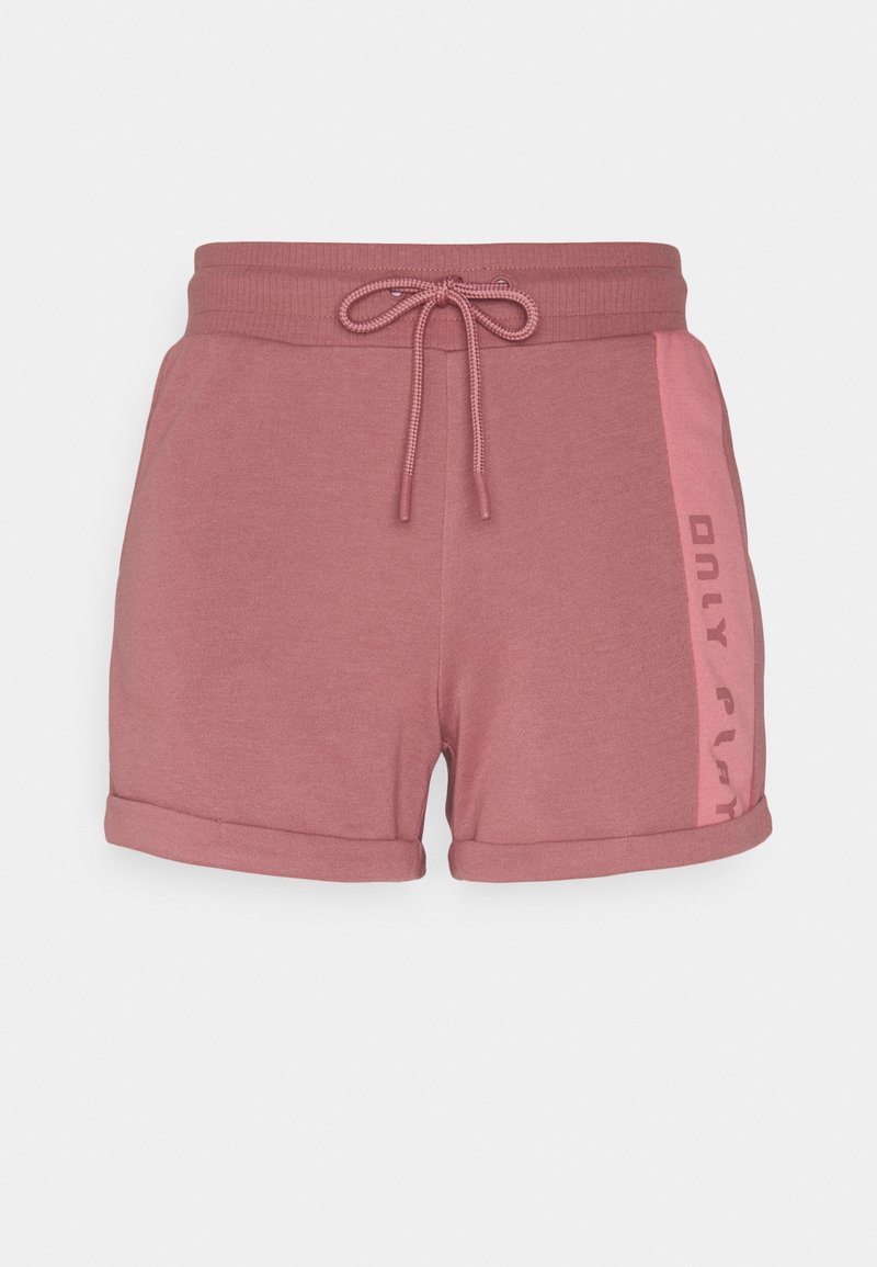 Zachtroze casual short met omgeslagen zoom, elastische tailleband, trekkoord en een lichtere roze zijpaneel met tekstdetails.