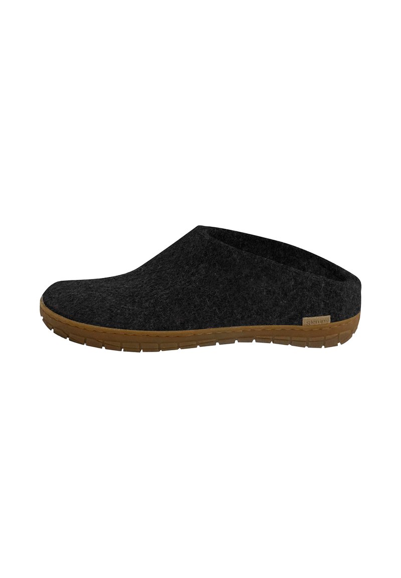Black felt clogs with a rounded toe, a low back, and a tan rubber outsole. Features a textured surface and a stitched side label.