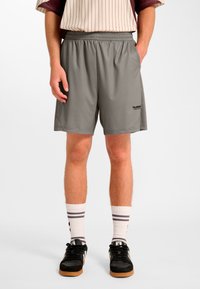 Grå träningsshorts med elastisk midja och sidofickor, med en slät textur och en liten svart logotyp på nedre benet.