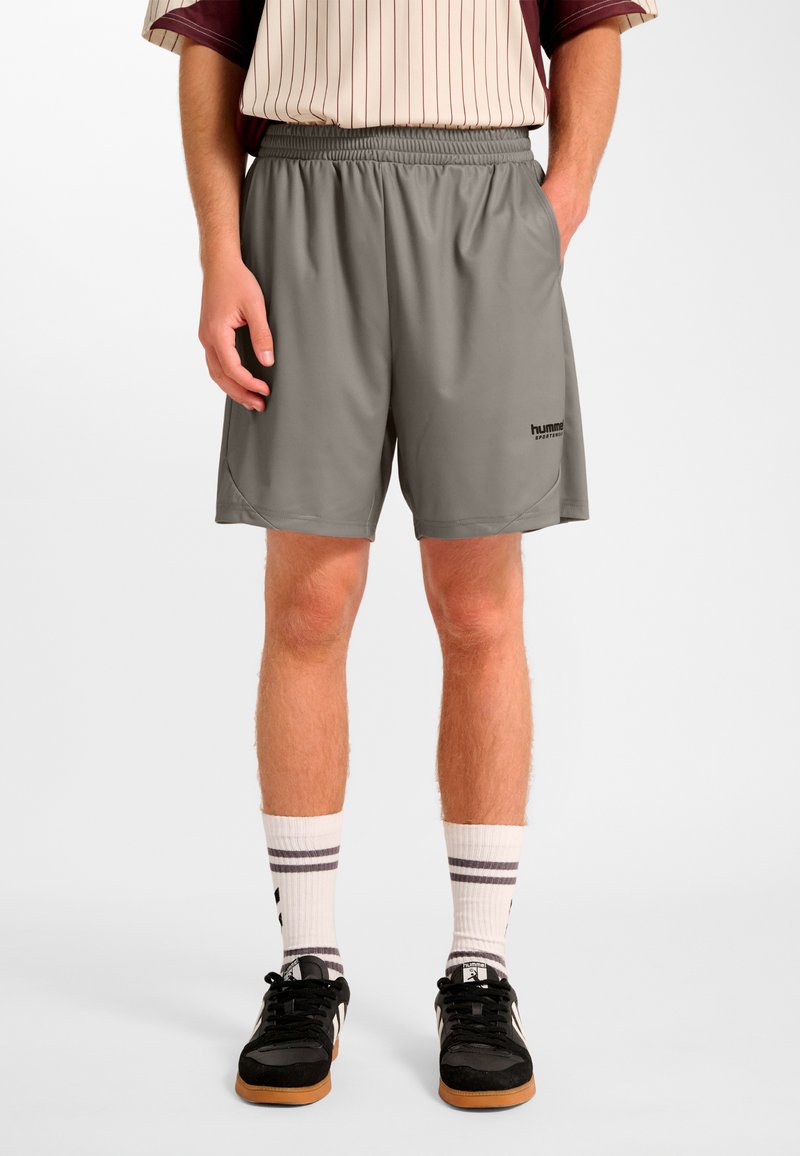 Grå träningsshorts med elastisk midja och sidofickor, med en slät textur och en liten svart logotyp på nedre benet.