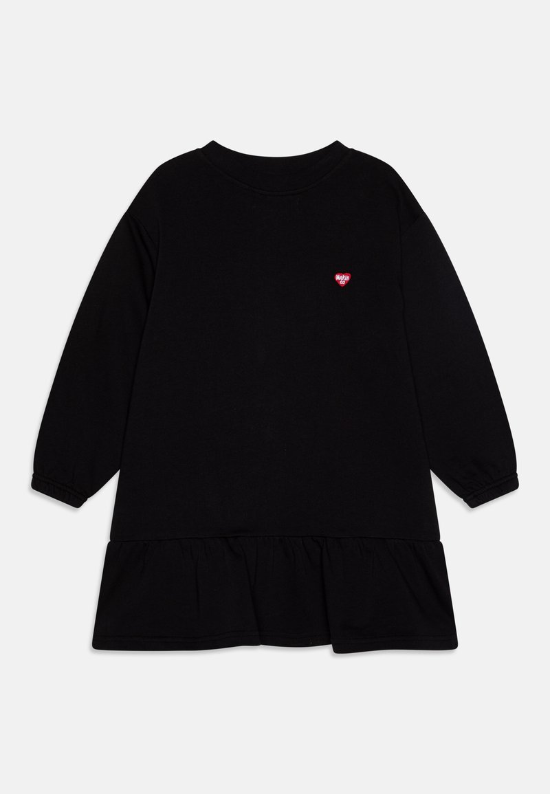 Vestido de algodão preto com mangas longas, decote redondo e bainha com volantes. Apresenta um pequeno logotipo de coração vermelho no peito.