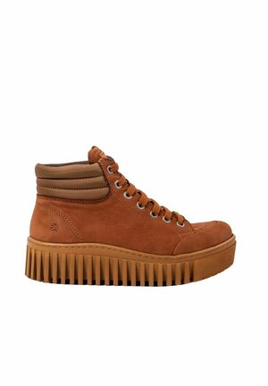 Brown suede high-top shoe with a ribbed sole, featuring smooth leather accents, round toe, and metal eyelets for laces.