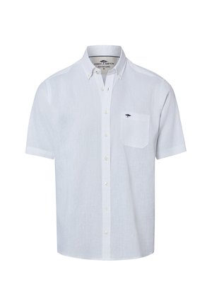 White short-sleeve button-up shirt with a chest pocket and small embroidered tree logo on the pocket.