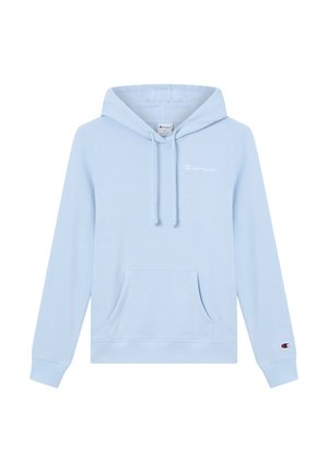 Sweat à capuche bleu clair en tissu doux, avec poche kangourou à l'avant, capuche réglable avec cordon de serrage et petit logo brodé sur la poitrine.