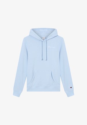 Sweat à capuche bleu clair en tissu doux, avec poche kangourou à l'avant, capuche réglable avec cordon de serrage et petit logo brodé sur la poitrine.