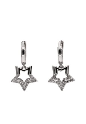 Srebrne kolczyki koła z zawieszkami w kształcie otwartej gwiazdy, wysadzane małymi błyszczącymi kryształkami.