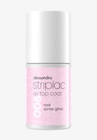 UV-topcoat met een glanzende witte dop en een roze glitterlichaam, gelabeld "striplac." Beschikt over een fijne, glinsterende textuur voor nagelapplicatie.