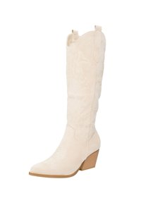 Weißer Cowboy-Stiefel aus Veloursleder mit spitz zulaufender Zehenpartie, gestapelltem Holzabsatz und dekorativer Naht entlang des Schafts. Zwei Zuglaschen oben.