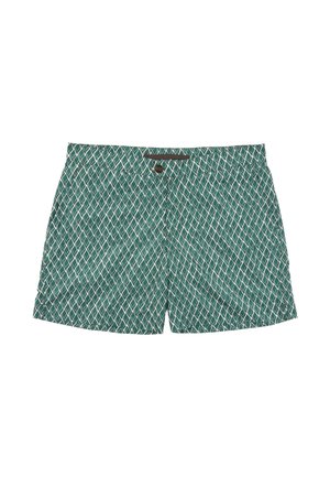 Grüne Badeshorts mit weißem Rautenmuster, elastischem Bund und vorderer Knopfleiste.