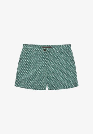 Short de bain vert avec motif croisé blanc, taille élastique et fermeture par bouton sur le devant.