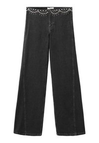 Čierne široké džínsy vyrobené z denimu, so zdobenou radou strieborných cvočkov pozdĺž pásu. Priamy strih a dĺžka po zem.