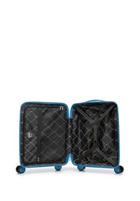 Hard-shell cabin suitcase in bright blue with a black interior, featuring cross straps and a mesh zippered pocket. Four wheels for easy mobility.