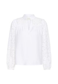 White blouse with long, sheer lace sleeves featuring floral patterns, a mandarin collar, and a subtle V-neckline. Soft fabric texture.