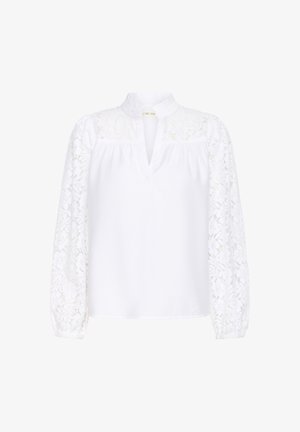 White blouse with long, sheer lace sleeves featuring floral patterns, a mandarin collar, and a subtle V-neckline. Soft fabric texture.
