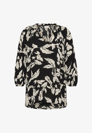 Must valge lehemustriga pluus, kogutud kaelusega ja kolmeveerand pikkuste paugusvarrukatega, millel elastsed mansetid.