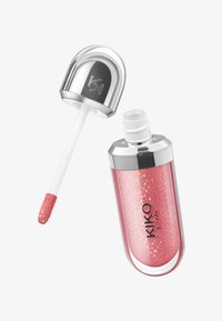 Gloss à lèvres pailleté rose brillant avec un capuchon argenté brillant et une baguette applicatrice, étiqueté "KIKO MILANO", sur un fond blanc.