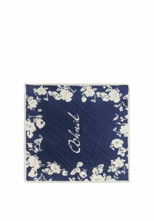 Kwadratowy szal w kolorze granatowym z białą kwiatową obwódką i napisem "Oshuk" w centrum.