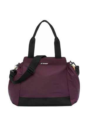Borsa tote K-Way viola scuro con base nera, doppi manici e tracolla regolabile su sfondo bianco.