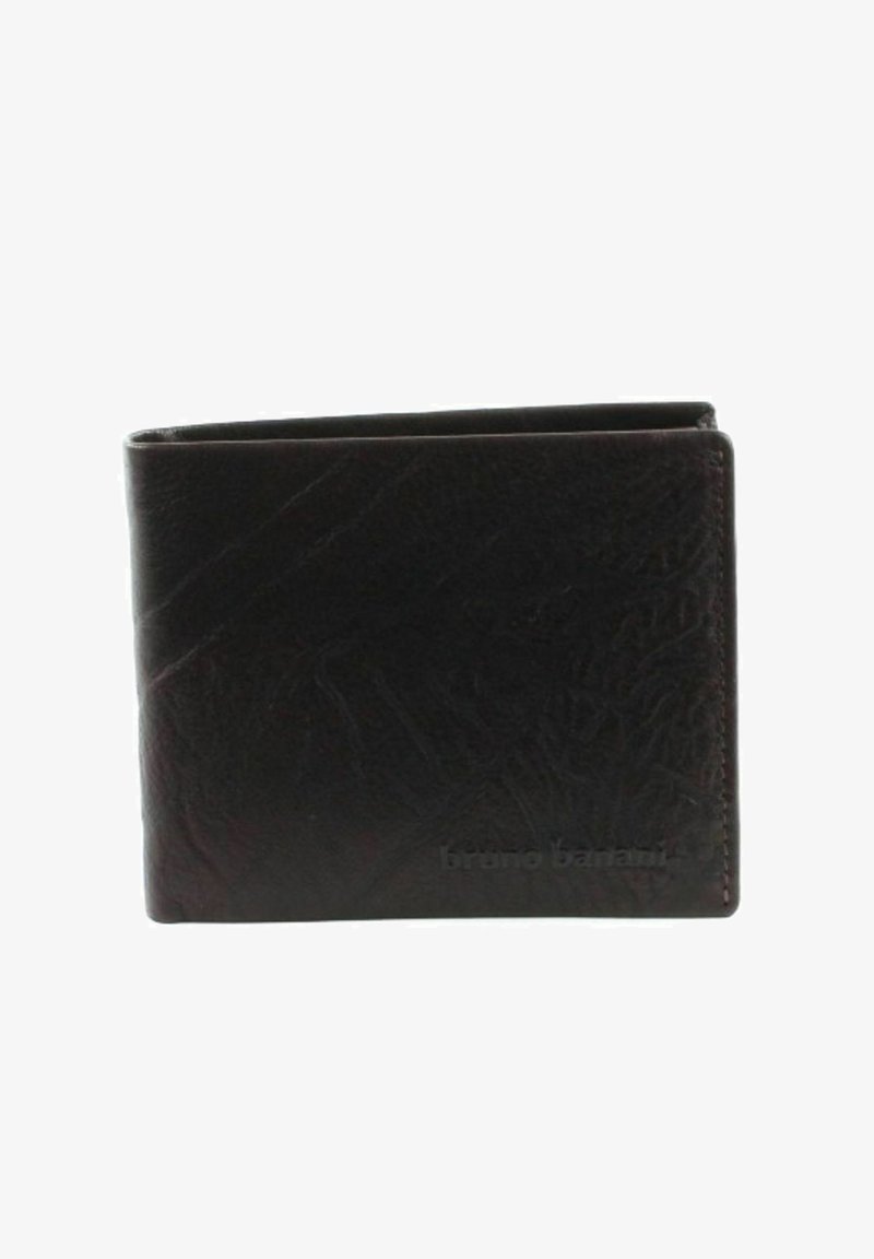 Brown leather wallet with a textured surface, bi-fold design, and embossed brand logo on the front. Compact and rectangular shape.