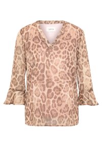 Blus med leopardmönster och V-ringning, tillverkad av lättviktigt tyg. Har utsvängda ärmar och en mjuk, texturerad yta i beige och bruna toner.